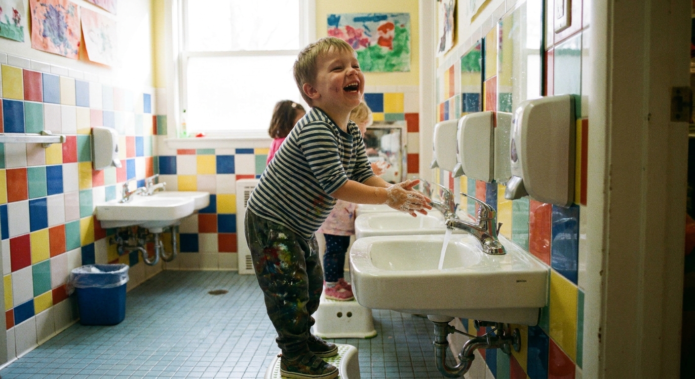 A preschool-aged child washing hands at a bathroom sink in a bright daycare restroom, candid real-life photo