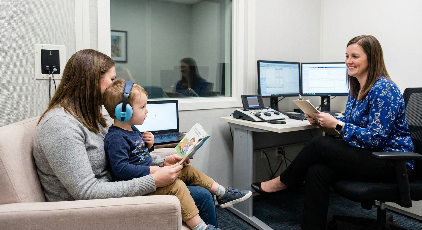 A preschool-aged child wearing small headphones while sitting on a parent’s lap in a pediatric audiology clinic, with an audiologist observing from across the room, realistic photo