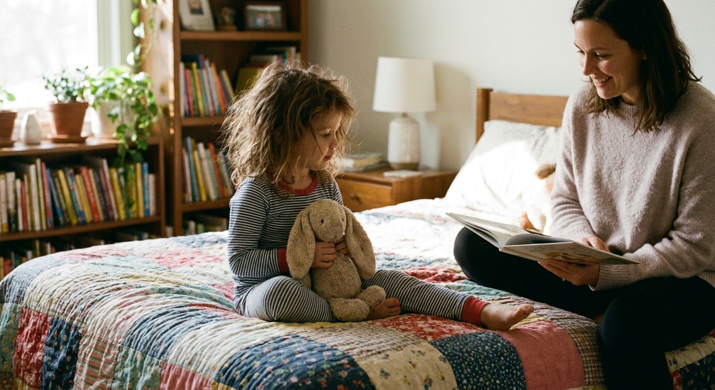 A preschool-aged girl sitting on a bed holding a stuffed animal while a parent sits nearby, calm home environment