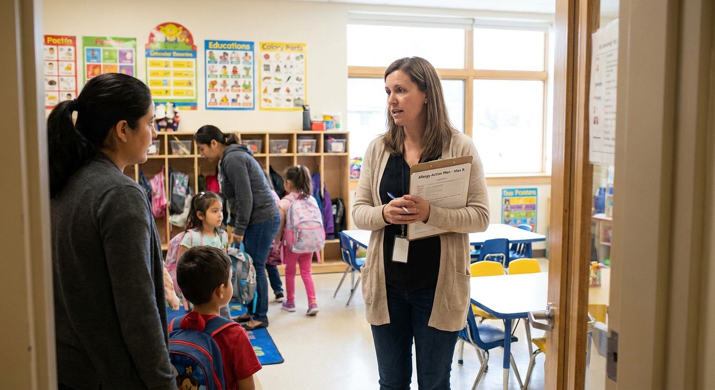 A preschool teacher holding a clipboard with an allergy action plan while standing in a classroom doorway during morning drop-off