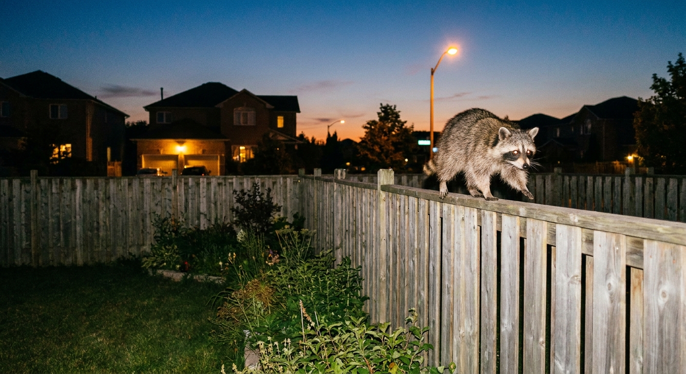 A raccoon walking along the edge of a suburban backyard at dusk near a fence line, realistic photo