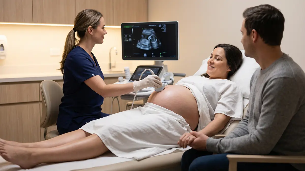 A radiology technician performing an abdominal ultrasound on a calm infant lying on a hospital bed while a parent holds the baby’s hand, real hospital photo