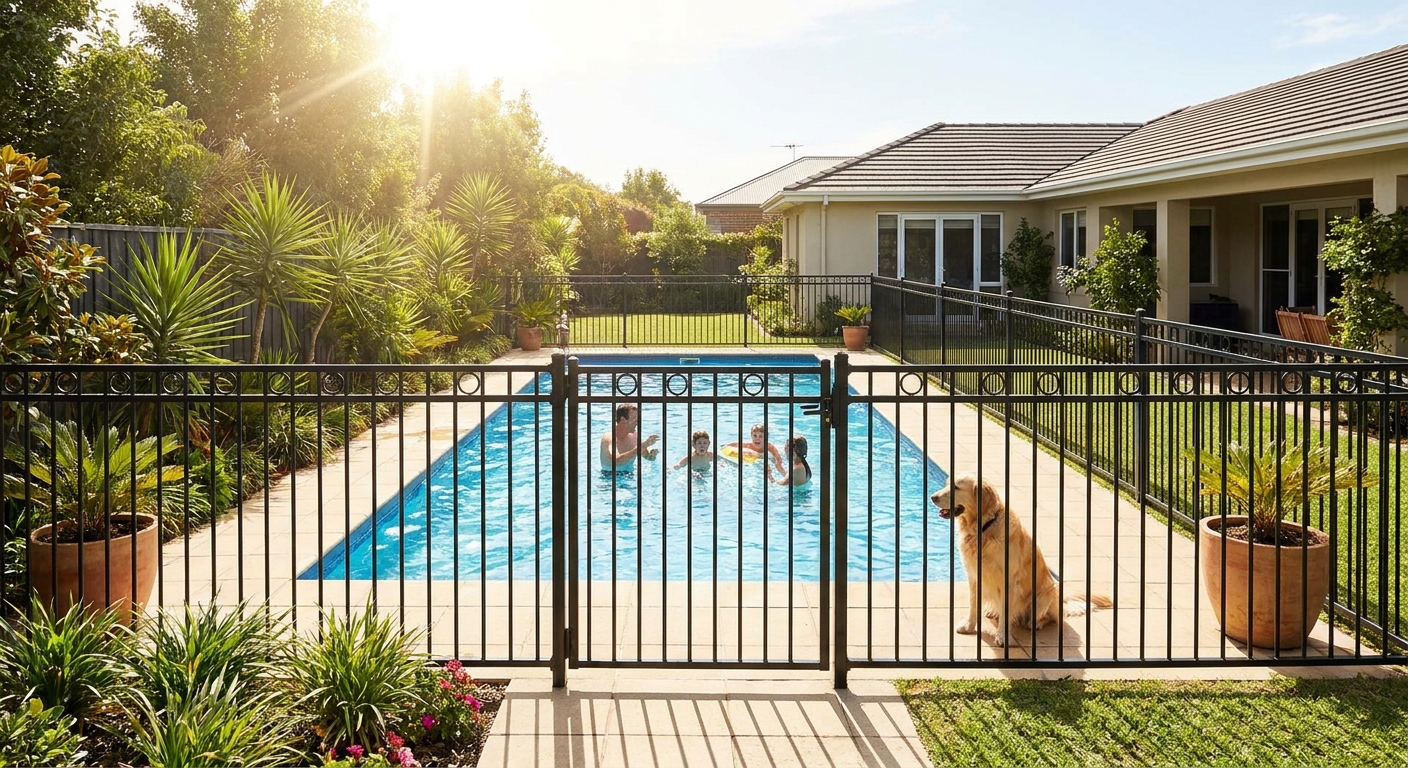A real backyard swimming pool enclosed by a four-sided metal fence with a self-closing, self-latching gate, sunny daytime photo