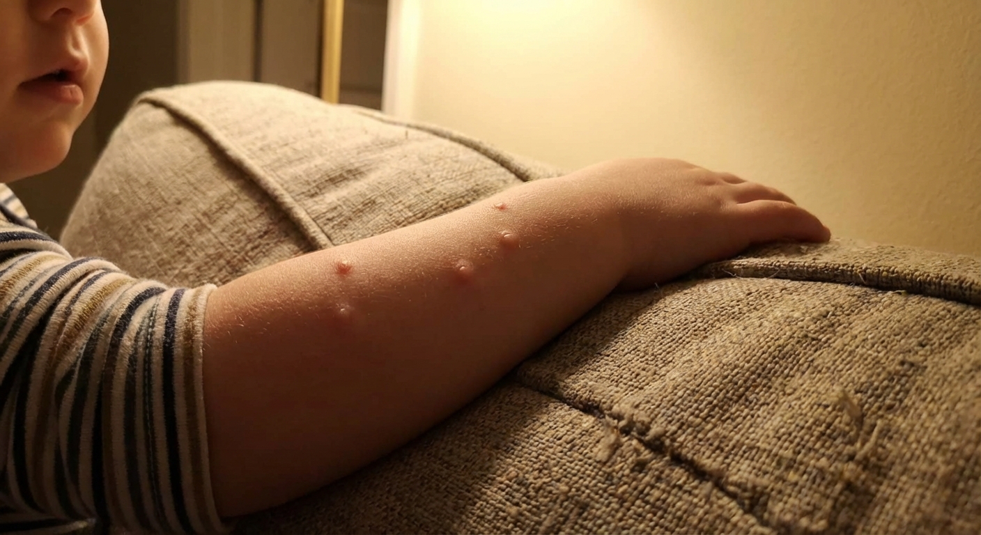 A real close-up photograph of a child’s forearm resting on a couch, showing several small flesh-colored molluscum bumps scattered along the skin, warm indoor lighting, non-graphic