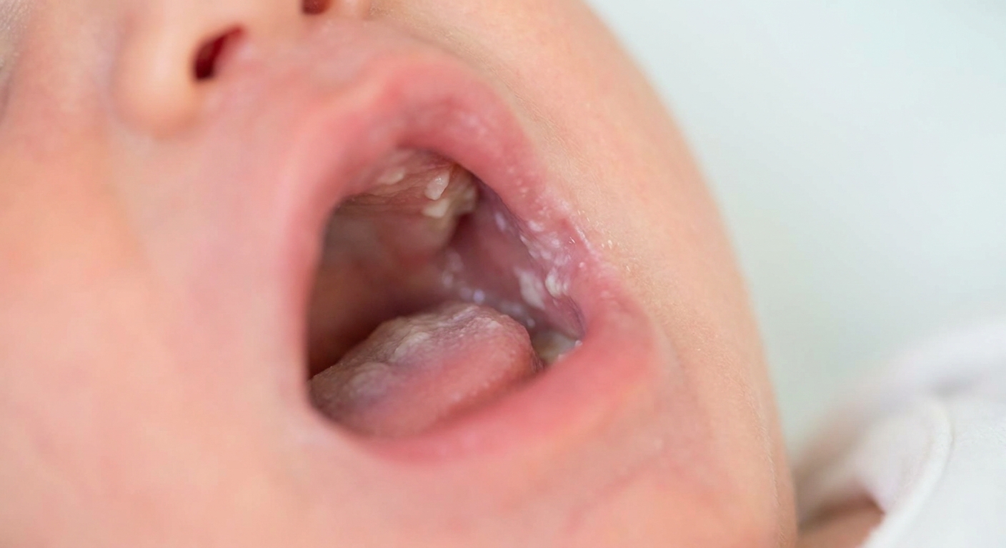 A real close-up photograph of a newborn’s open mouth showing white creamy patches on the inner cheek with surrounding pink tissue