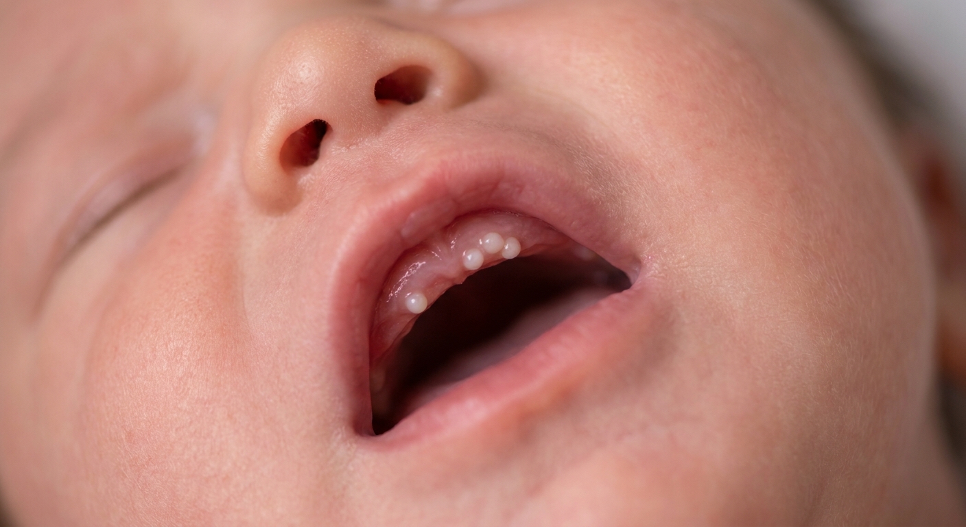 A real close-up photograph of a newborn’s upper gumline showing several tiny white bumps clustered near the center