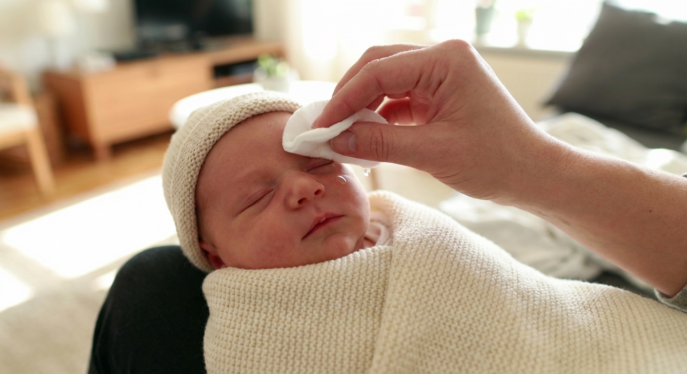 A real-life close-up photograph of a parent gently wiping a newborn baby’s eyelid with a clean cotton pad moistened with warm water, baby lying on a soft blanket, natural indoor lighting