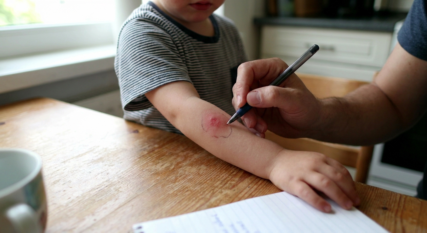 A real-life photo of a parent gently tracing the edge of a red patch on a child’s forearm with a pen while the child rests their arm on a table