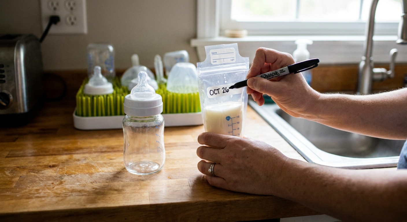 A real-life photo of a parent’s hand writing a date with a marker on a breast milk storage bag on a kitchen counter next to a clean bottle
