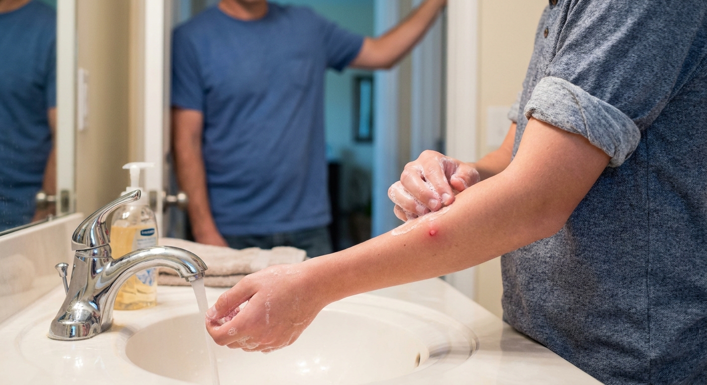 A real-life photo of a teenager gently washing a small red bump on their forearm at a bathroom sink with soap and water, with a parent nearby out of focus