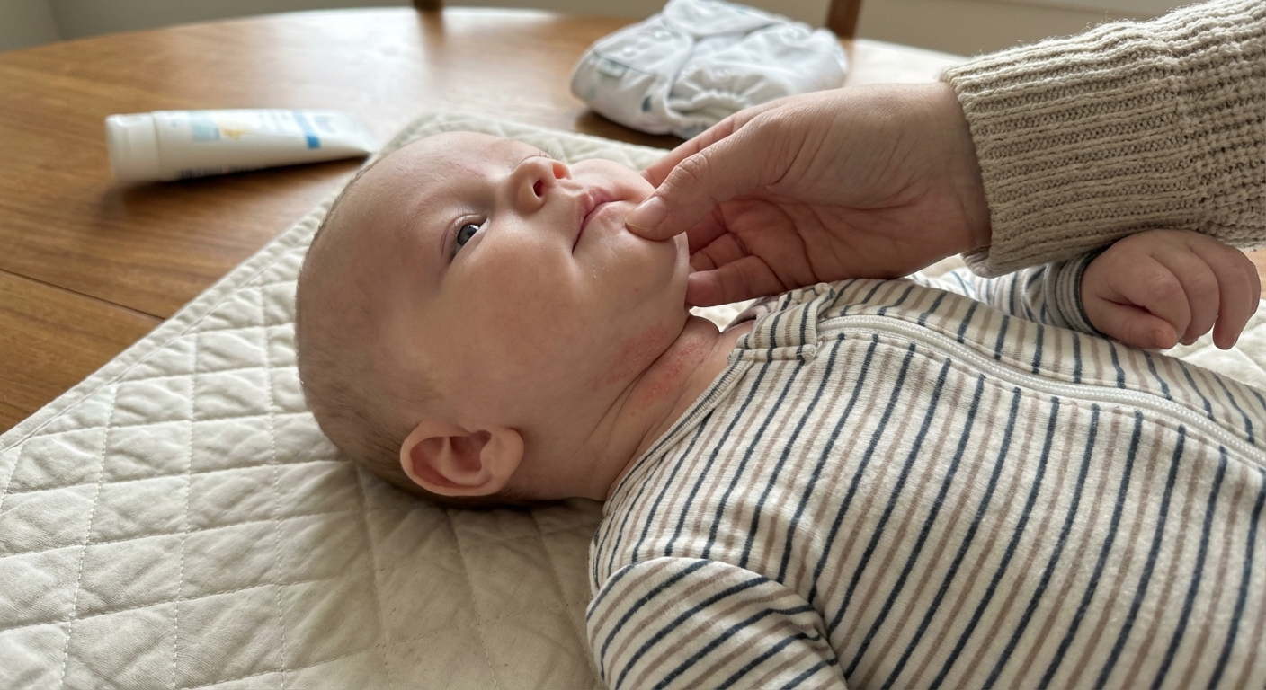 A real-life photo of an infant lying on a changing pad with mild pink bumps in the neck folds, caregiver gently lifting the chin to show the area, soft indoor lighting