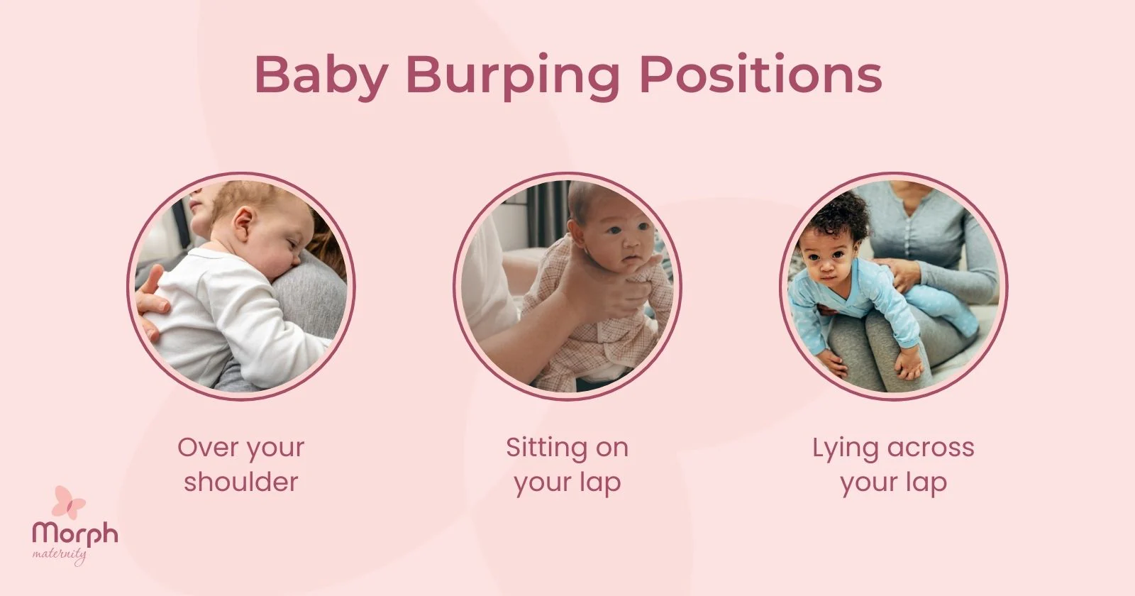 A real photo of a caregiver burping a baby laid tummy-down across their lap, with the baby’s head supported and turned to the side, indoor home setting