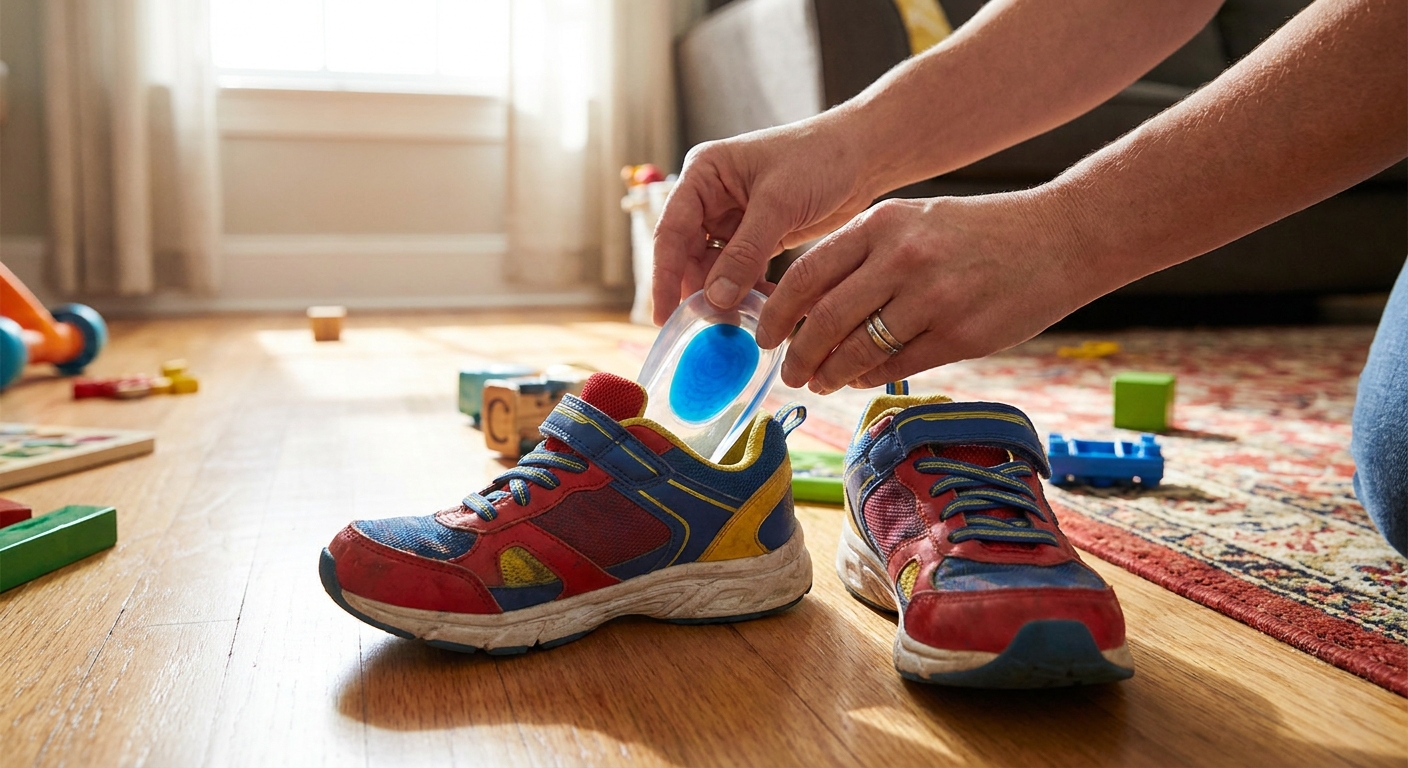 A real photo of a pair of kids athletic sneakers on a living room floor with a parent’s hands placing a soft heel cup insert into one shoe