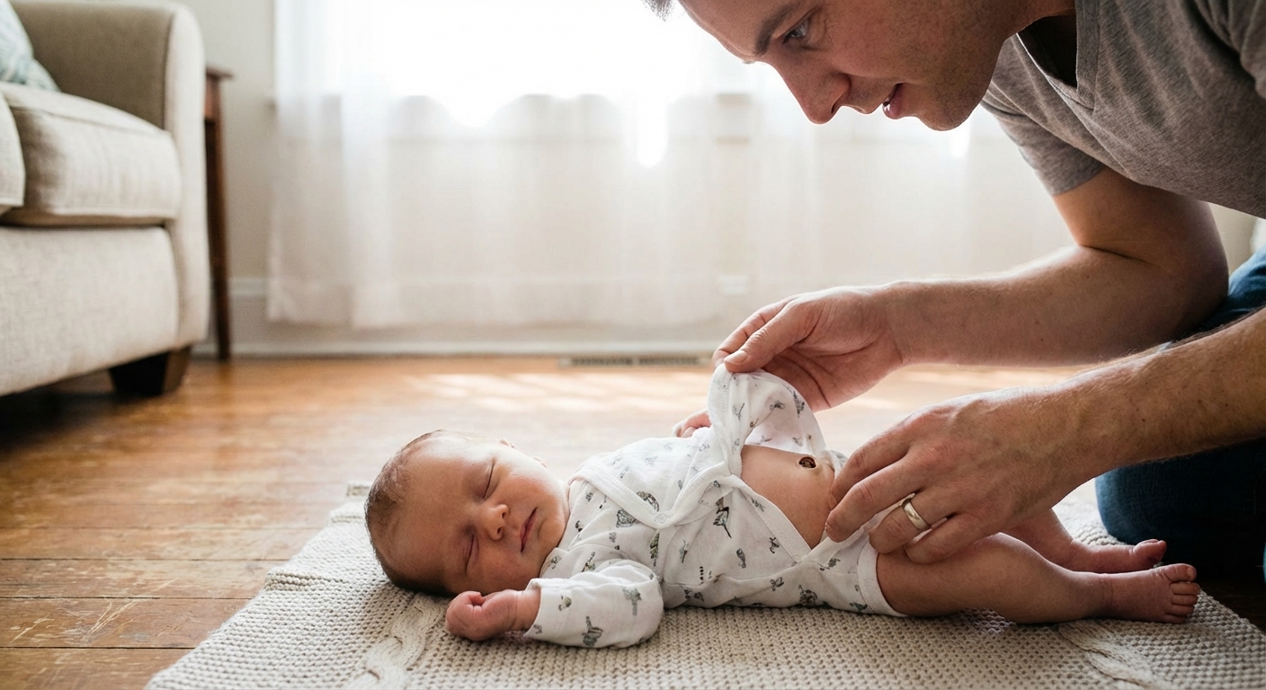 A real photo of a parent gently lifting a newborn's onesie to look at the baby's belly button at home in soft daylight