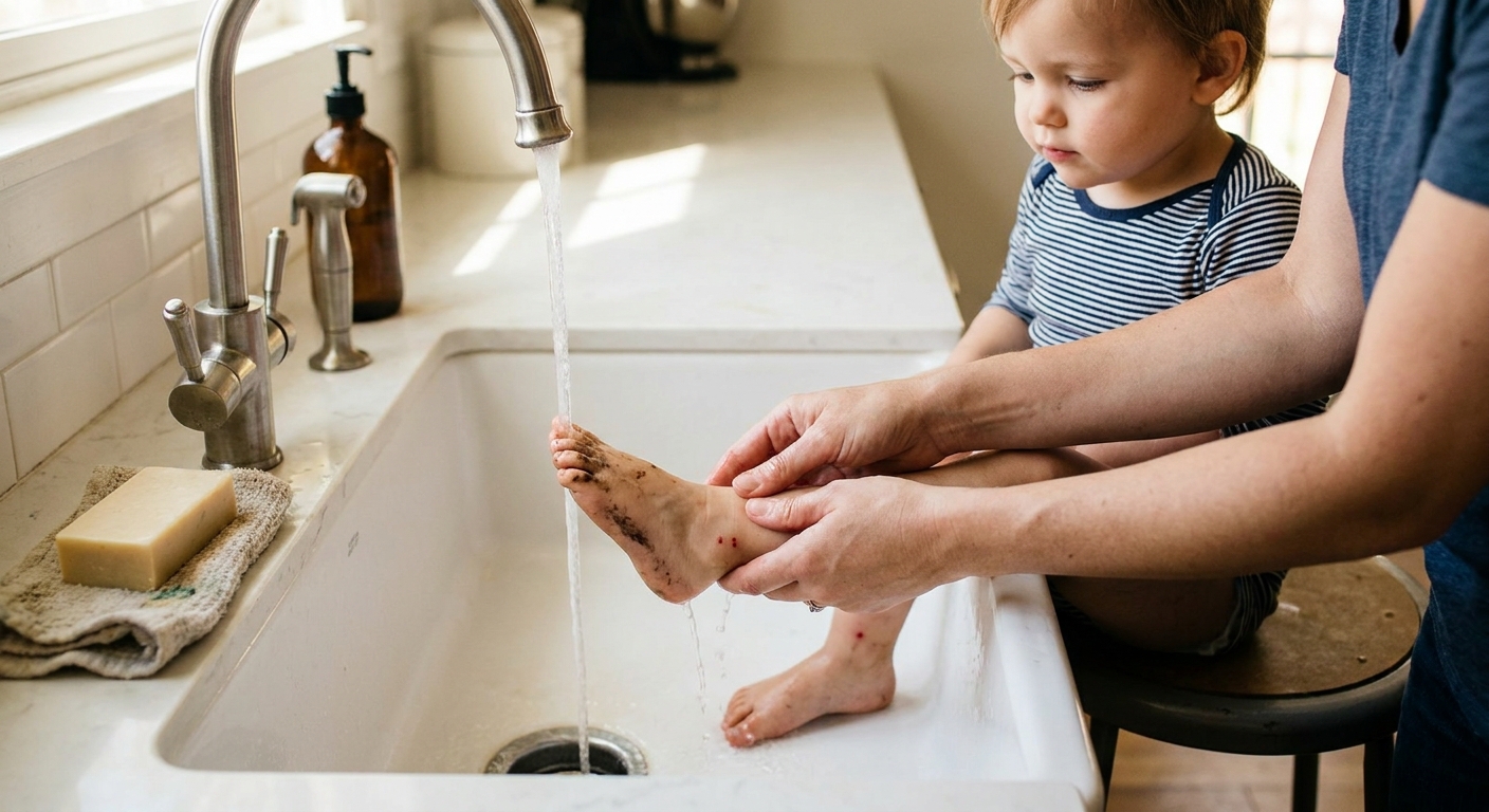 A real photo of a parent gently washing a child’s foot in a sink with mild soap and water, focusing on careful cleaning after outdoor stings