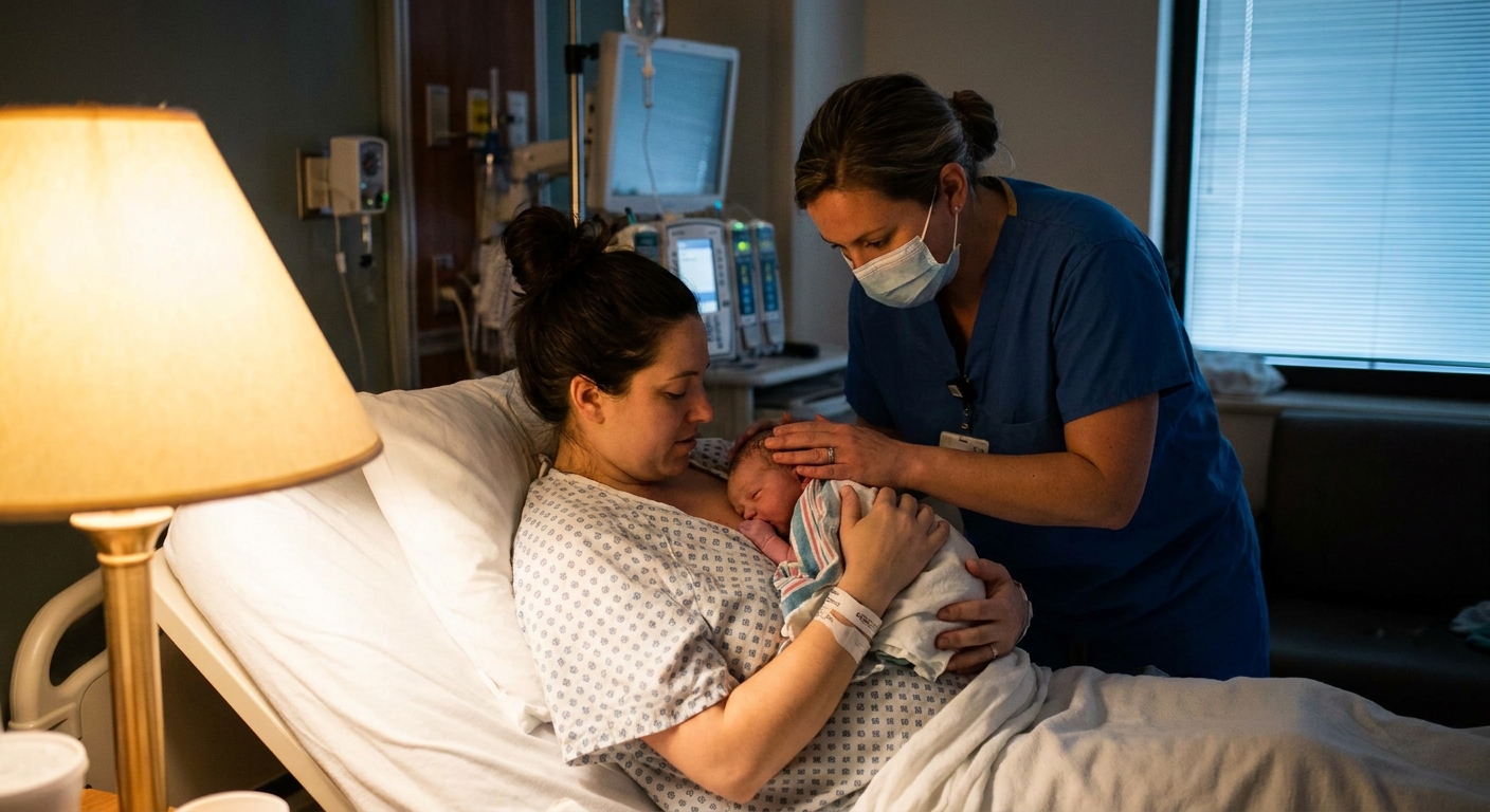 A real photo of a parent holding a newborn in a breastfeeding position with a nurse assisting the latch in a softly lit hospital room