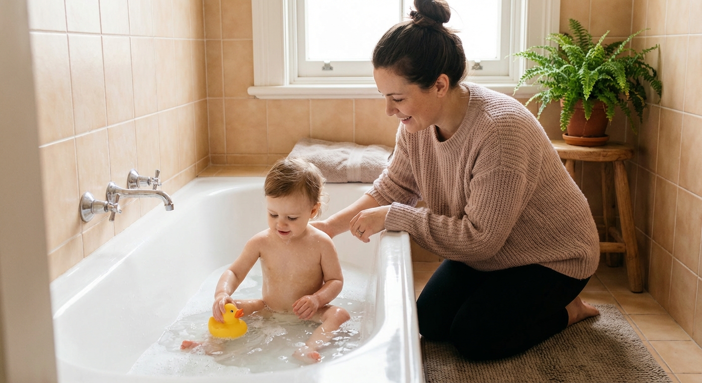 A real photo of a parent kneeling beside a bathtub while a young child sits in a shallow lukewarm bath, with a gentle, calm home bathroom setting