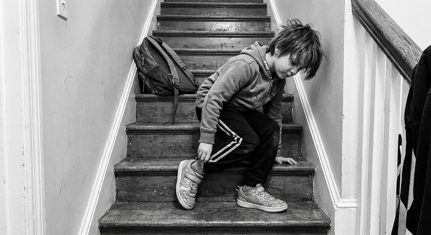 A real photo of a school-aged child pausing on indoor stairs and holding the back of one heel, wearing athletic clothes and sneakers, candid family photo style