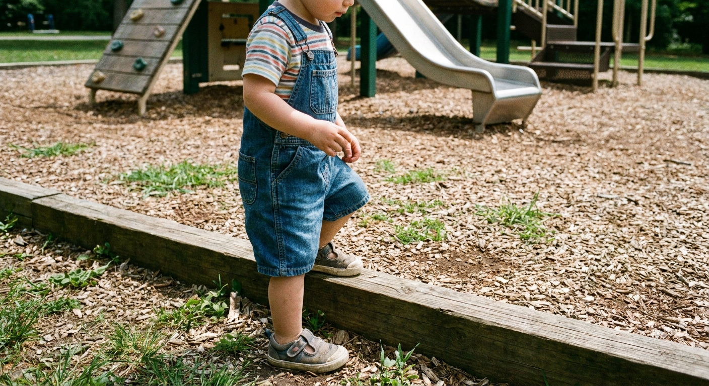 A real photo of a young child wearing closed-toe shoes standing near a playground edge with grass and mulch visible, outdoors in daylight
