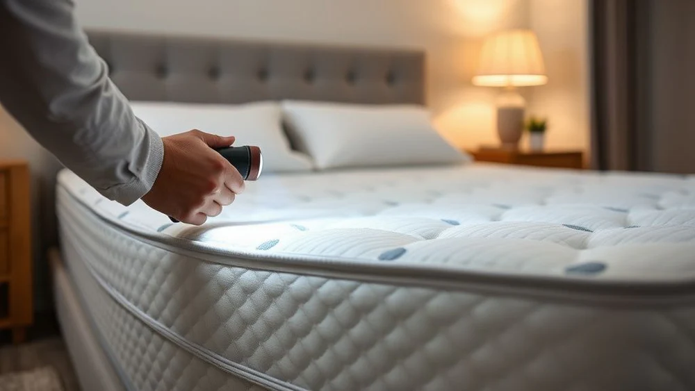A real photo of an adult hand using a small flashlight to inspect the seam of a mattress in a bedroom, focusing on the piping and stitching