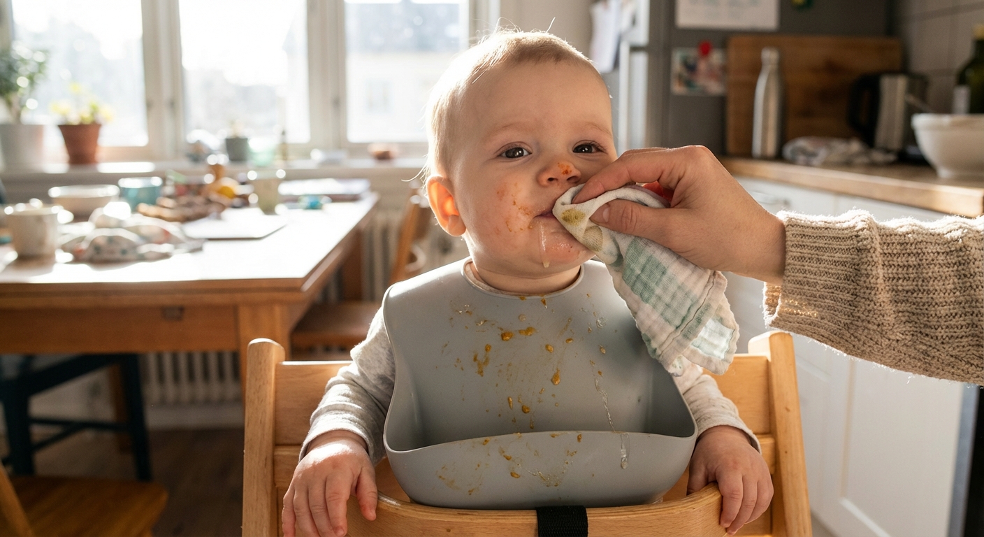 A real photograph of a baby in a high chair with a silicone bib, drool on the chin, and a caregiver gently wiping the baby’s mouth with a soft cloth in natural kitchen light