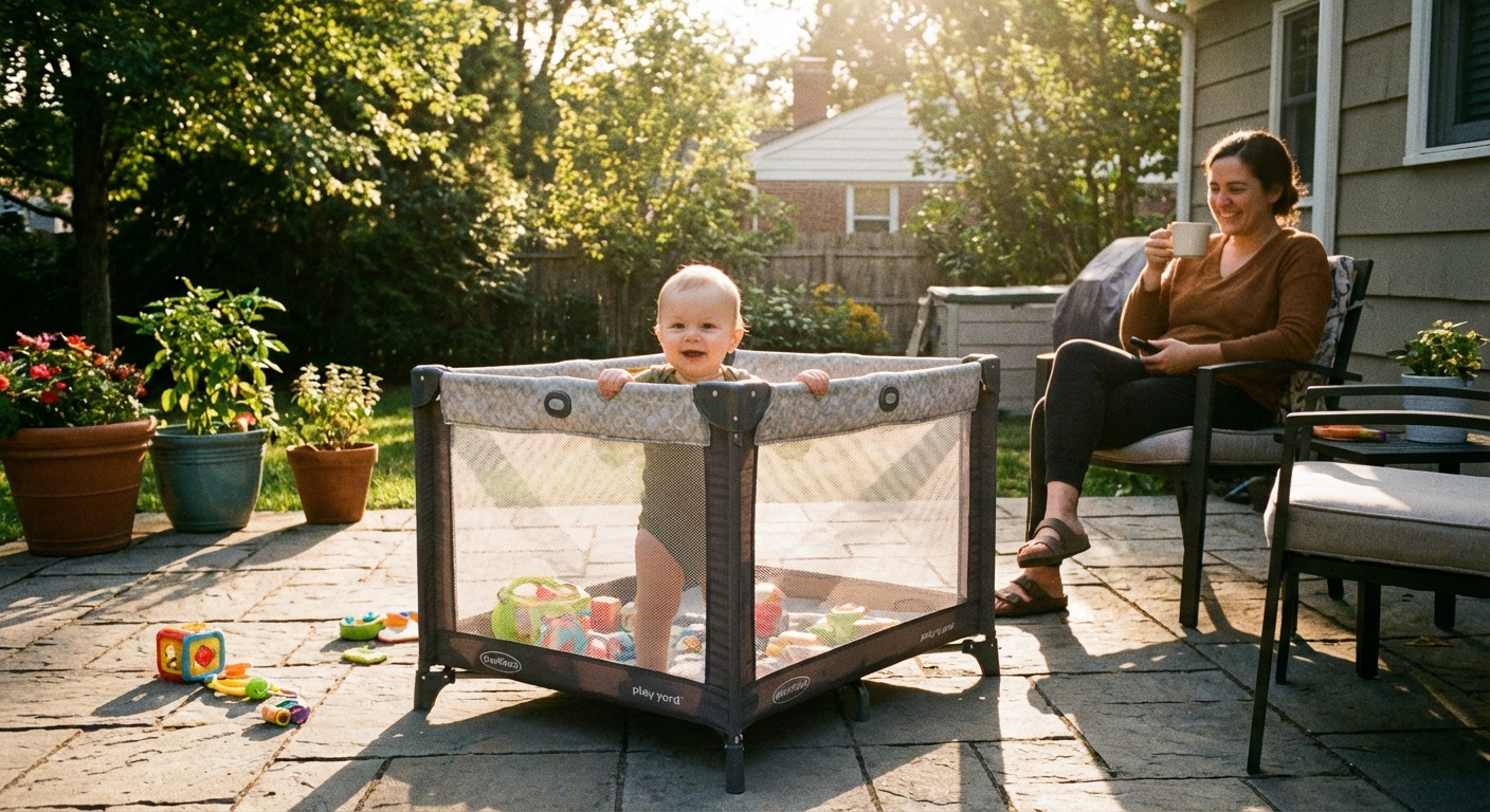 A real photograph of a baby playing in a portable play yard on a backyard patio while an adult supervises nearby, sunny afternoon light
