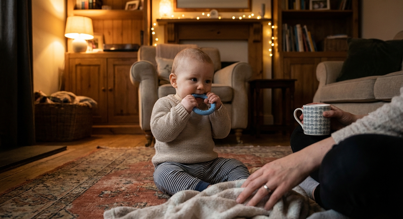 A real photograph of a baby sitting on the floor chewing on a silicone teething ring while a parent sits nearby with hands in frame, cozy living room lighting