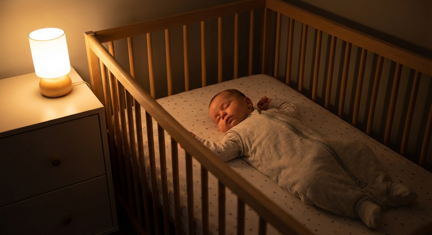 A real photograph of a baby sleeping in a crib with a fitted sheet only, no blankets or pillows, soft nighttime lighting