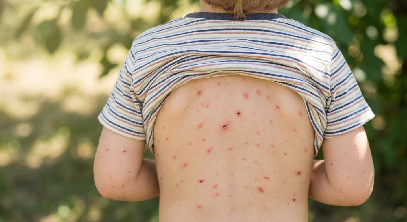 A real photograph of a child's back with several small chickenpox blisters and some crusted scabs scattered across the skin, photographed in natural daylight