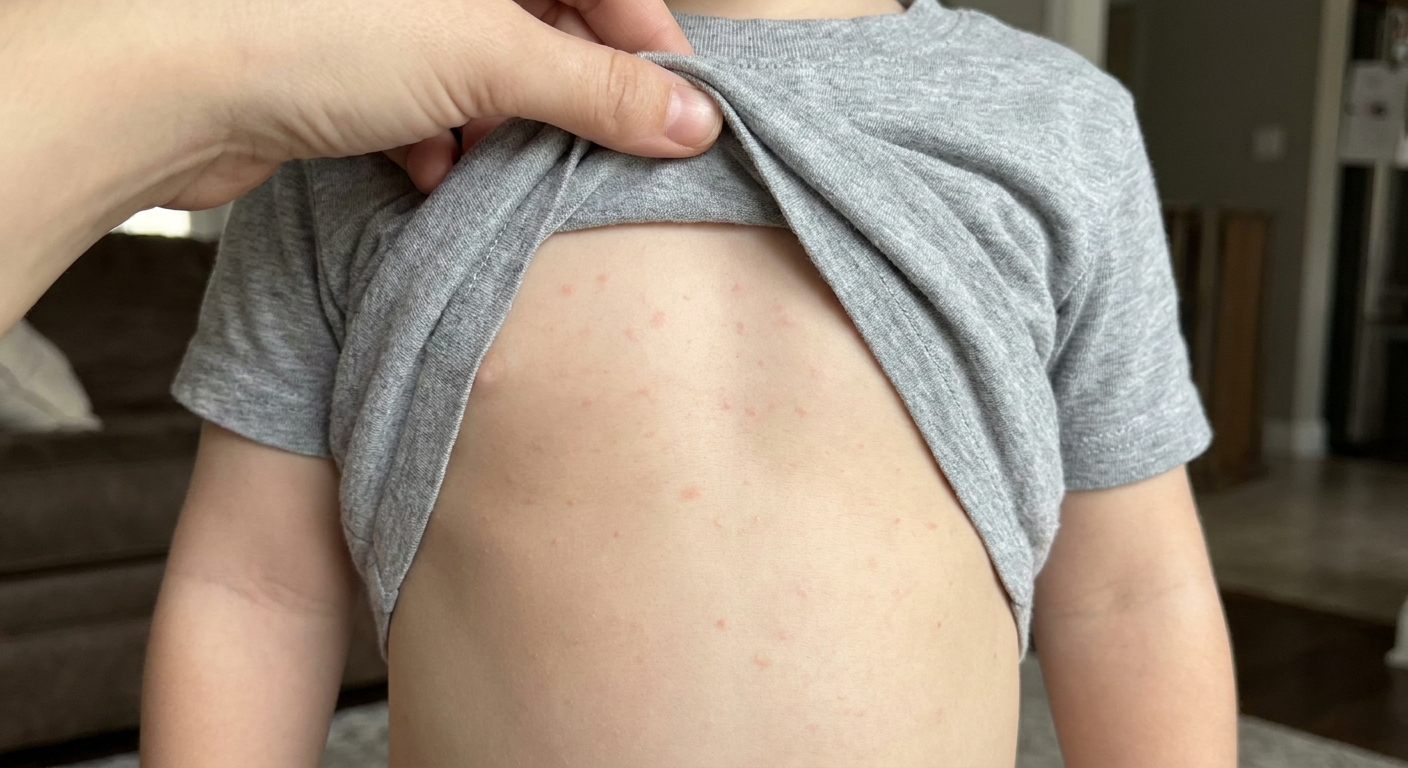 A real photograph of a child’s upper torso showing a light pink, fine spotty rash across the chest and belly, not blistered, not bruised, no open sores