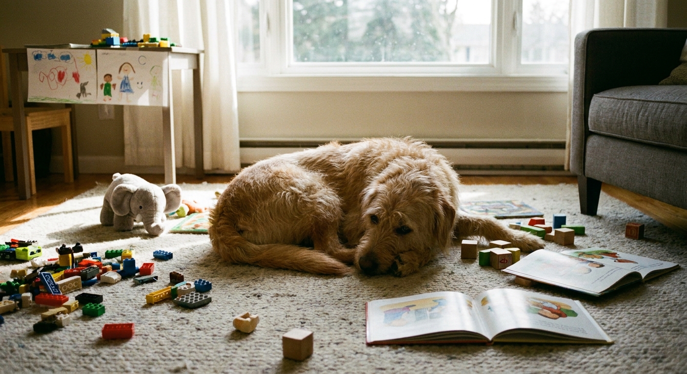 A real photograph of a family dog lying on a living room carpet near a child’s scattered toys, daytime natural light