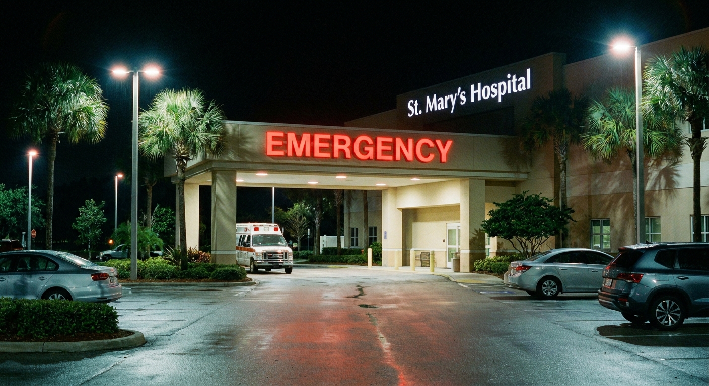 A real photograph of a hospital emergency room entrance at night with illuminated signage and a quiet parking area