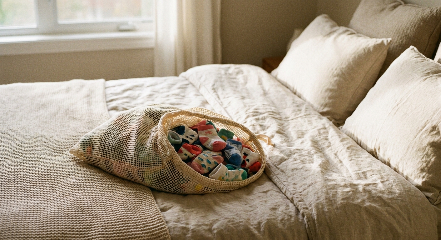 A real photograph of a mesh laundry bag containing small baby socks resting on a neatly made bed in soft daylight