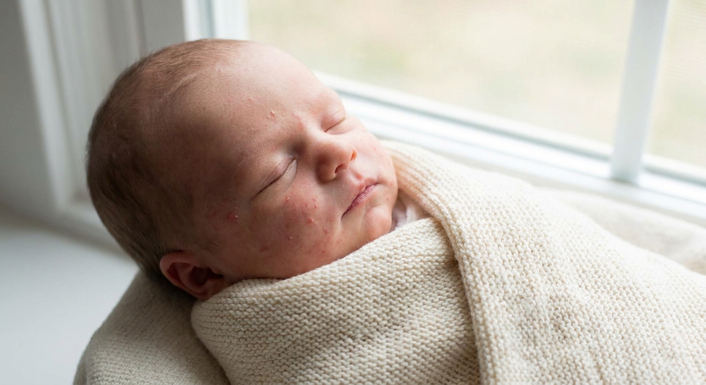 A real photograph of a newborn baby lying on a blanket with small red blotches and tiny central bumps on the cheeks and forehead, soft daylight