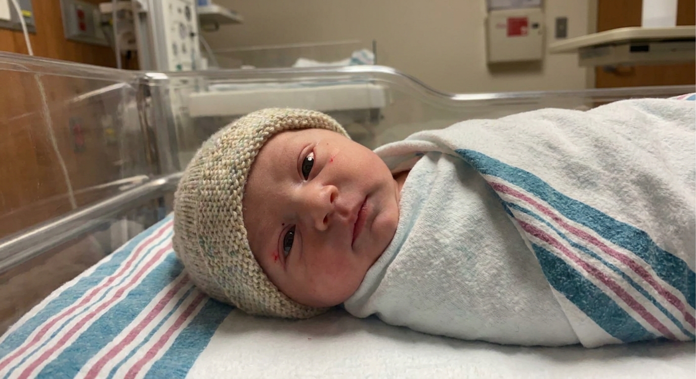 A real photograph of a newborn baby resting in a hospital bassinet with a small red patch visible on the white of one eye, soft clinical lighting