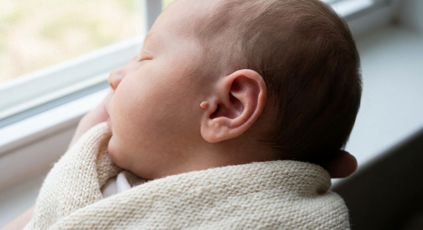 A real photograph of a newborn’s ear with a small skin-colored ear tag near the front of the ear, taken in soft daylight