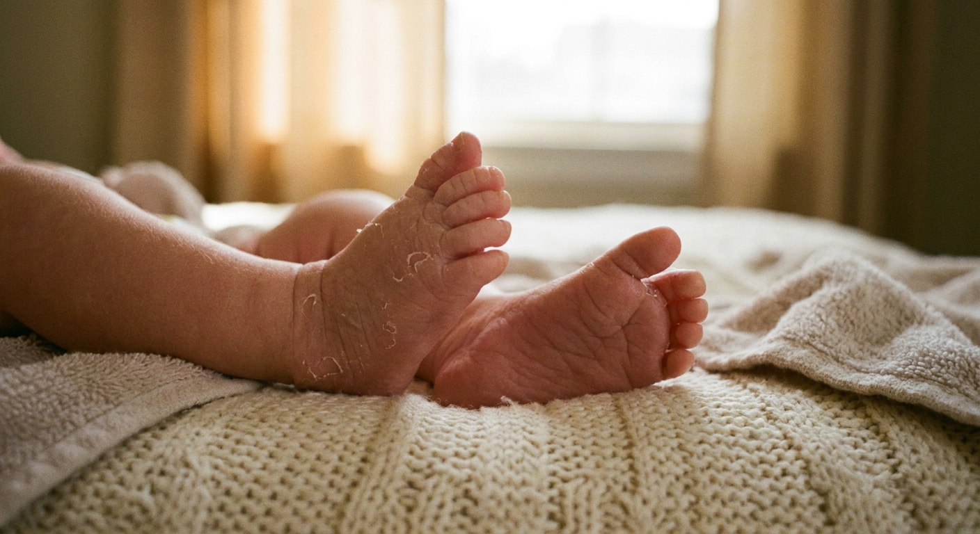 A real photograph of a newborn’s feet resting on a soft blanket, showing mild peeling around the toes and heels after a bath, cozy indoor lighting