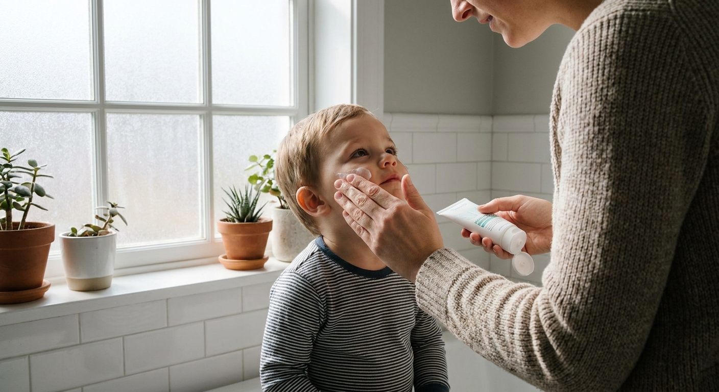 A real photograph of a parent gently applying fragrance-free moisturizer to a young child’s cheek in a bathroom with soft daylight