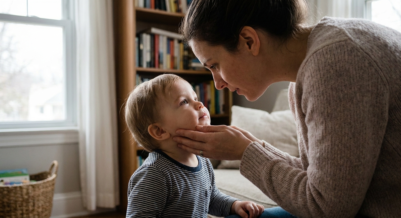 A real photograph of a parent gently holding a toddler’s face while checking the child’s eye in window light at home, calm reassuring scene