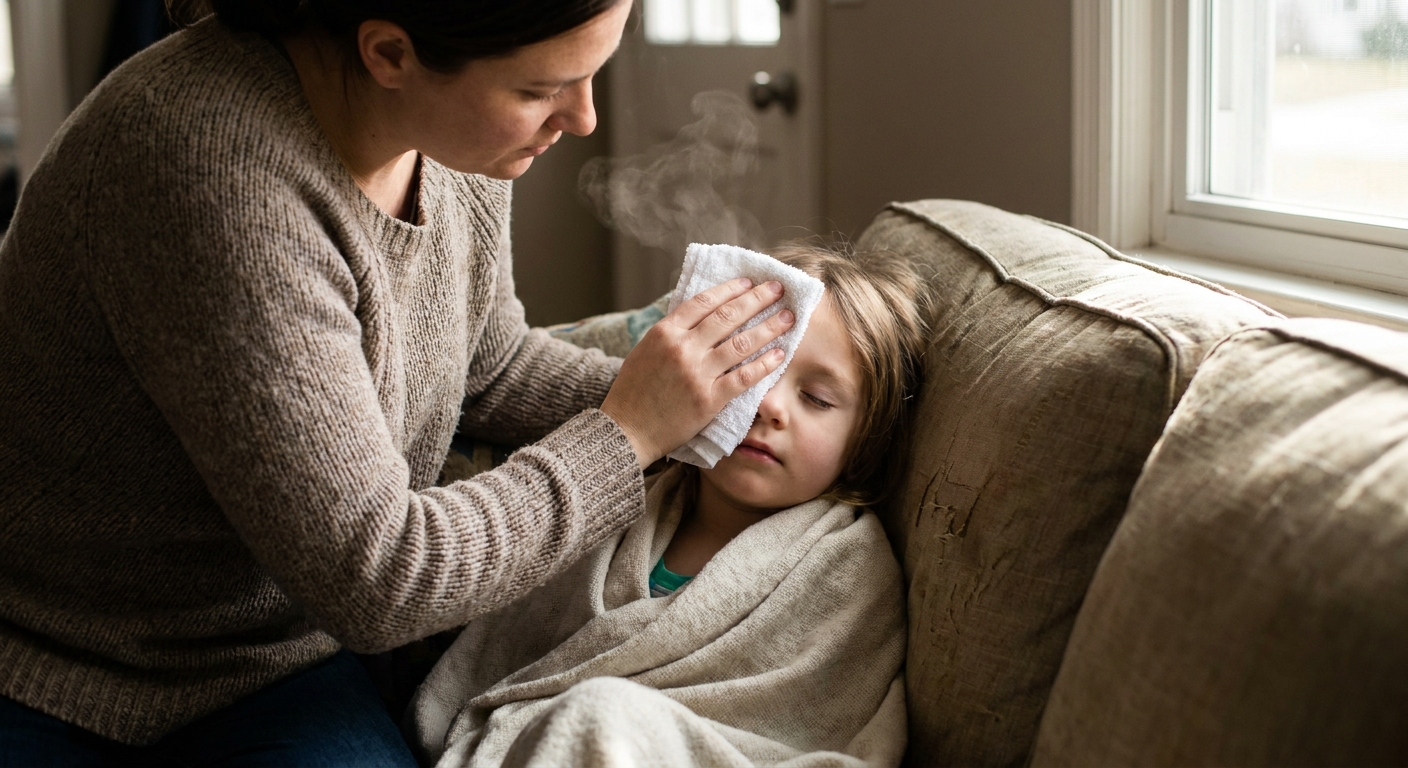 A real photograph of a parent gently holding a warm washcloth on a child’s closed eyelid while the child sits calmly on a couch