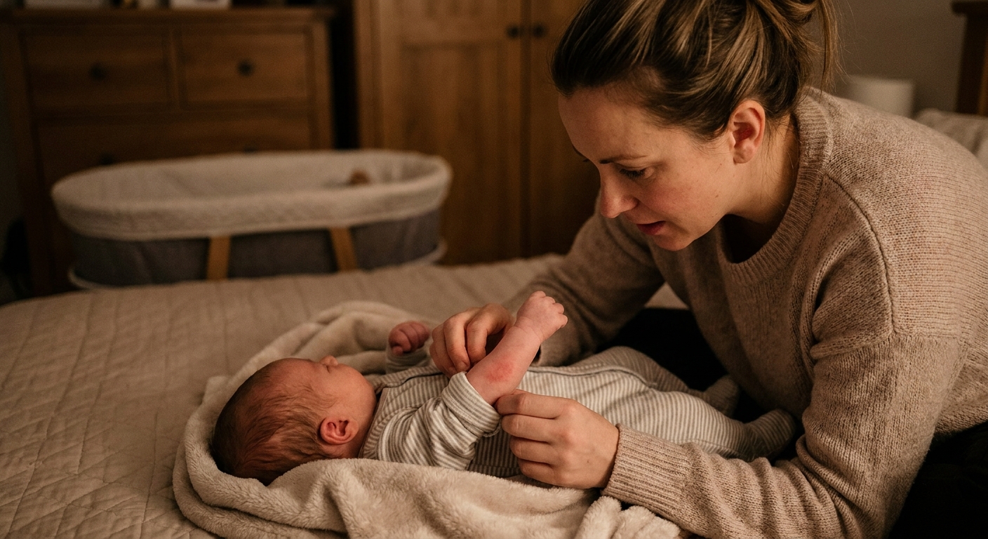 A real photograph of a parent gently lifting a newborn's sleeve while looking at a mild red rash on the baby's arm in a softly lit bedroom