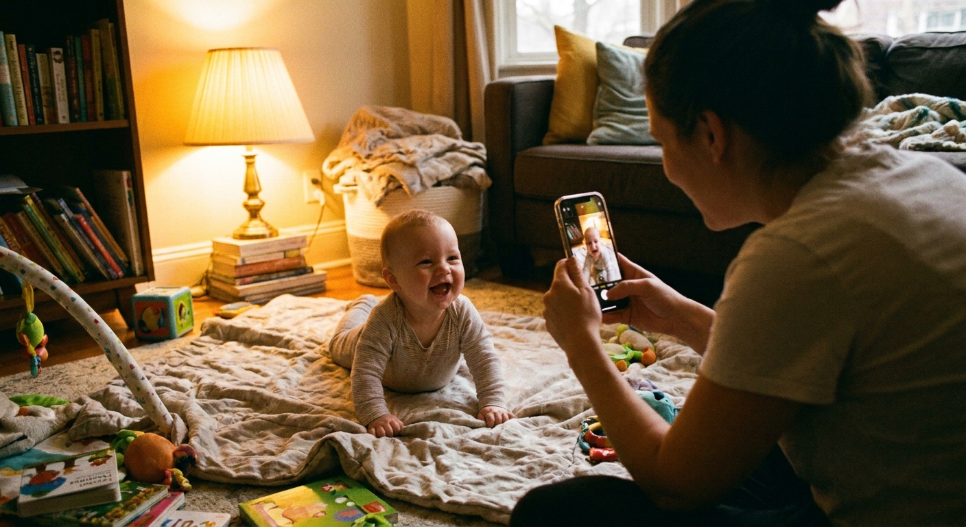 A real photograph of a parent holding a smartphone and taking a picture of a baby indoors under warm lamp light, focusing on everyday family photography