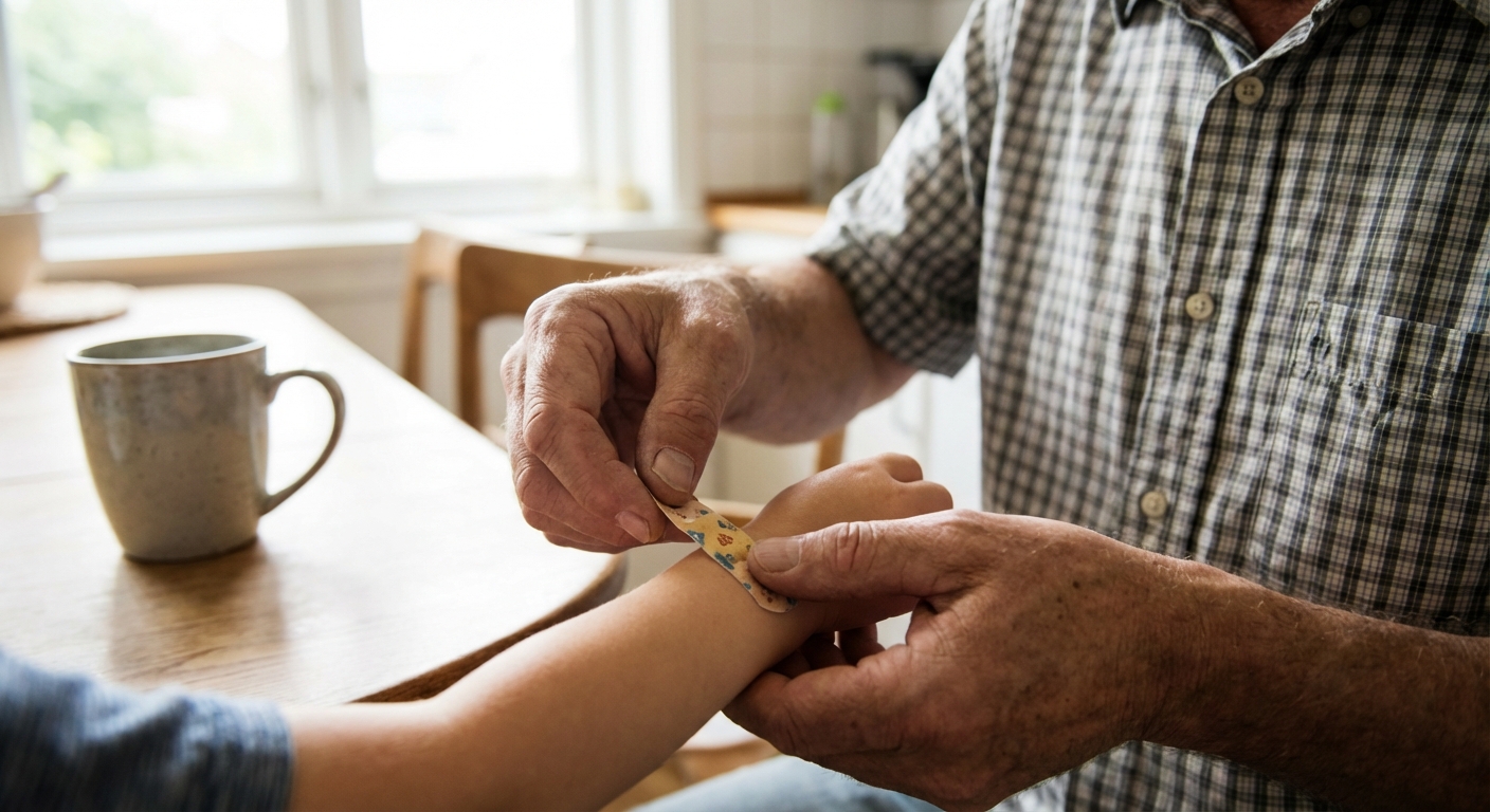 A real photograph of a parent’s hands gently applying a small adhesive bandage to a child’s forearm in a kitchen with soft morning light, everyday family documentary style