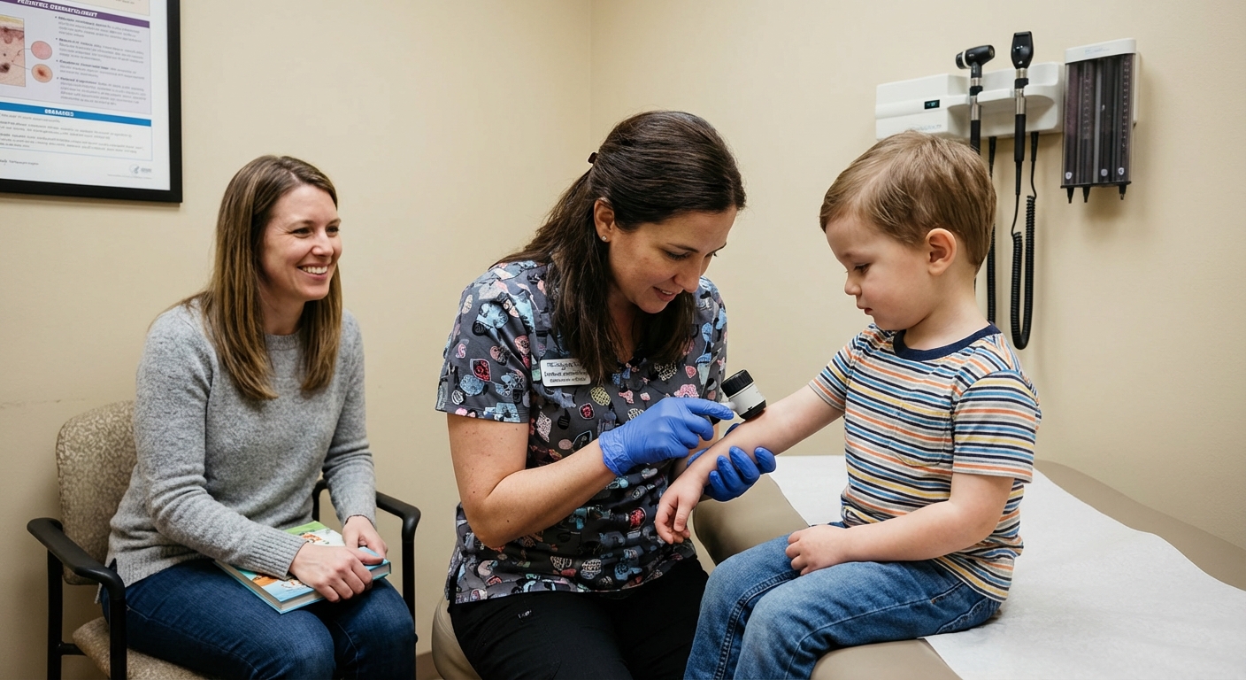 A real photograph of a pediatric dermatologist wearing gloves examining a child’s arm in a clinic room with neutral decor, the child sitting calmly with a parent nearby, documentary medical photography style
