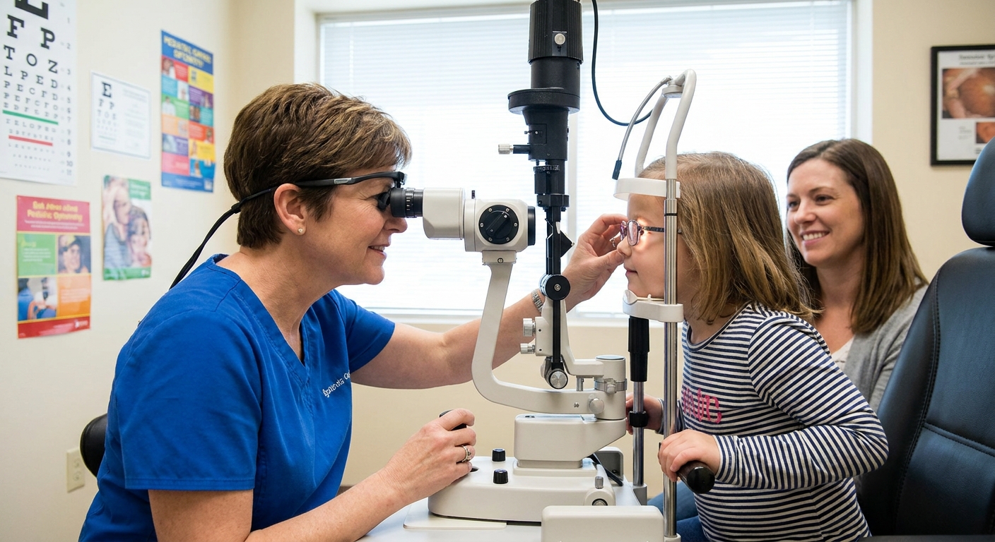 A real photograph of a pediatric eye doctor examining a school-age child’s eye with a slit lamp in a clinic room