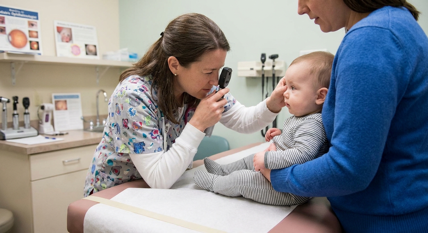 A real photograph of a pediatric eye doctor examining an infant in a clinic room with a handheld light, parent nearby, medical setting