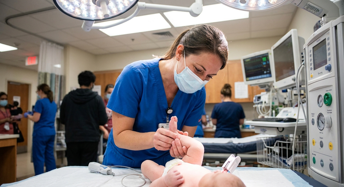 A real photograph of a pediatric nurse in a hospital emergency department gently examining an infant's foot under bright clinical lighting
