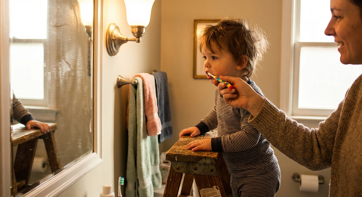 A real photograph of a toddler standing on a bathroom step stool while a caregiver helps brush the toddler’s teeth with a small toothbrush, warm bathroom lighting, candid family moment