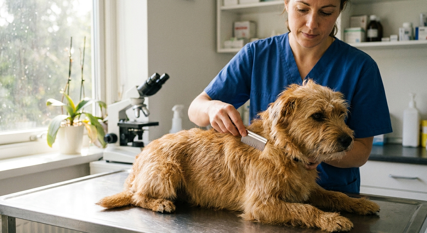A real photograph of a veterinarian or pet owner using a flea comb on a medium-sized dog’s fur in a bright indoor setting