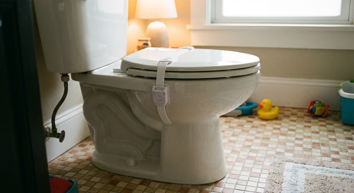 A real photograph of a white toilet with a child safety toilet lock installed on the lid, bathroom tile floor and soft indoor lighting